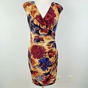 RALPH LAUREN Floral Print Mustard Yellow, Red, Indigo V-neck ruched Dress Size 4